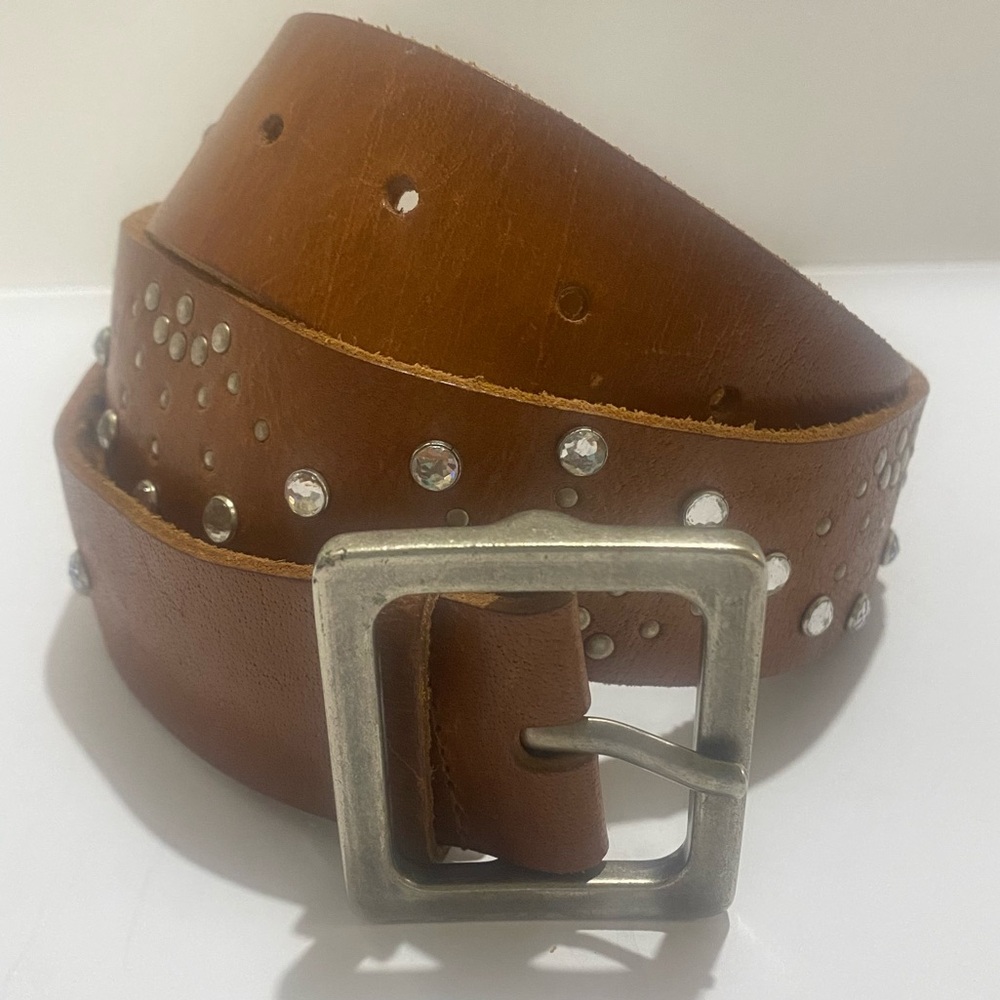 VTG Abercrombie Women's Brown Leather Belt L/XL Rhinestone Studded Western Boho